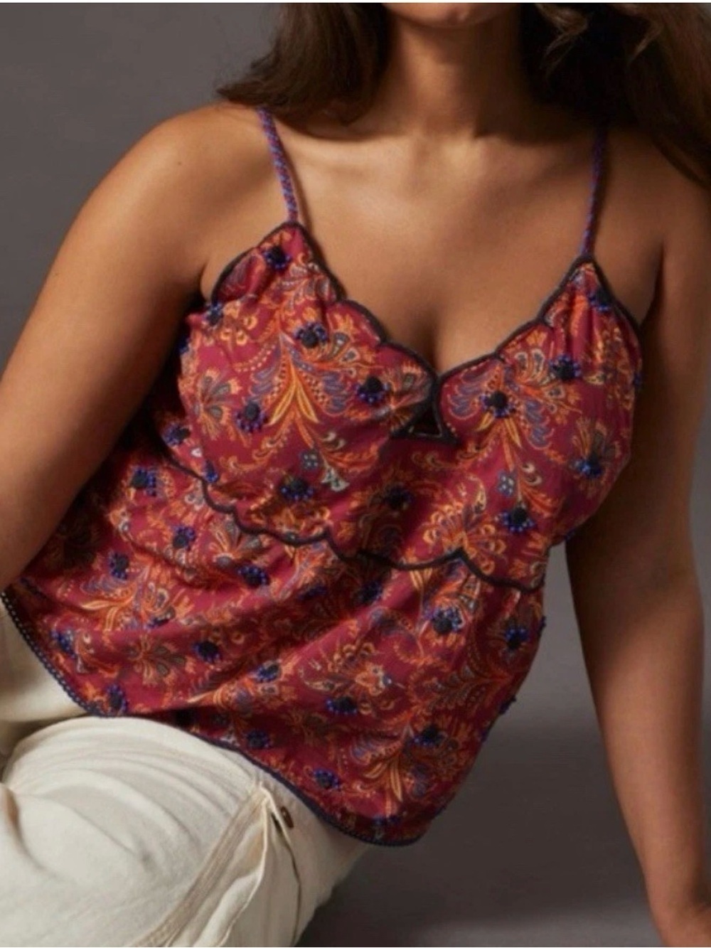 Anthropologie Bare Deco Beaded & Embroidered Babydoll Tank Top Red Cropped M